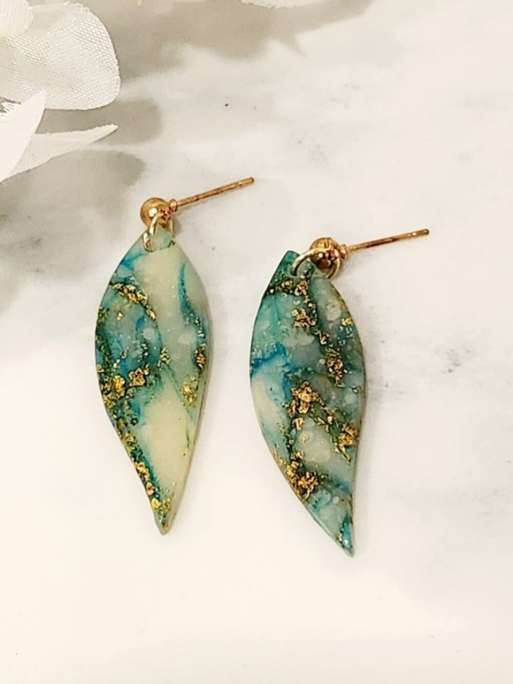 Handmade Teal & Gold Leaf Earrings — Resin & Polymer Clay